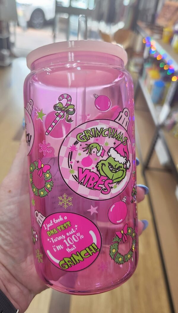 16oz Glass Cup - The Grinch, pink