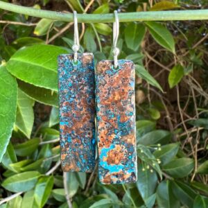 Natural verdigris blue patina large rectangular earrings