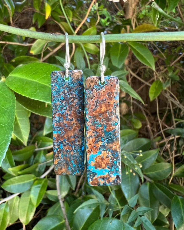 Natural verdigris blue patina large rectangular earrings