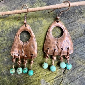 Copper door earrings with 4 African turquoise beads